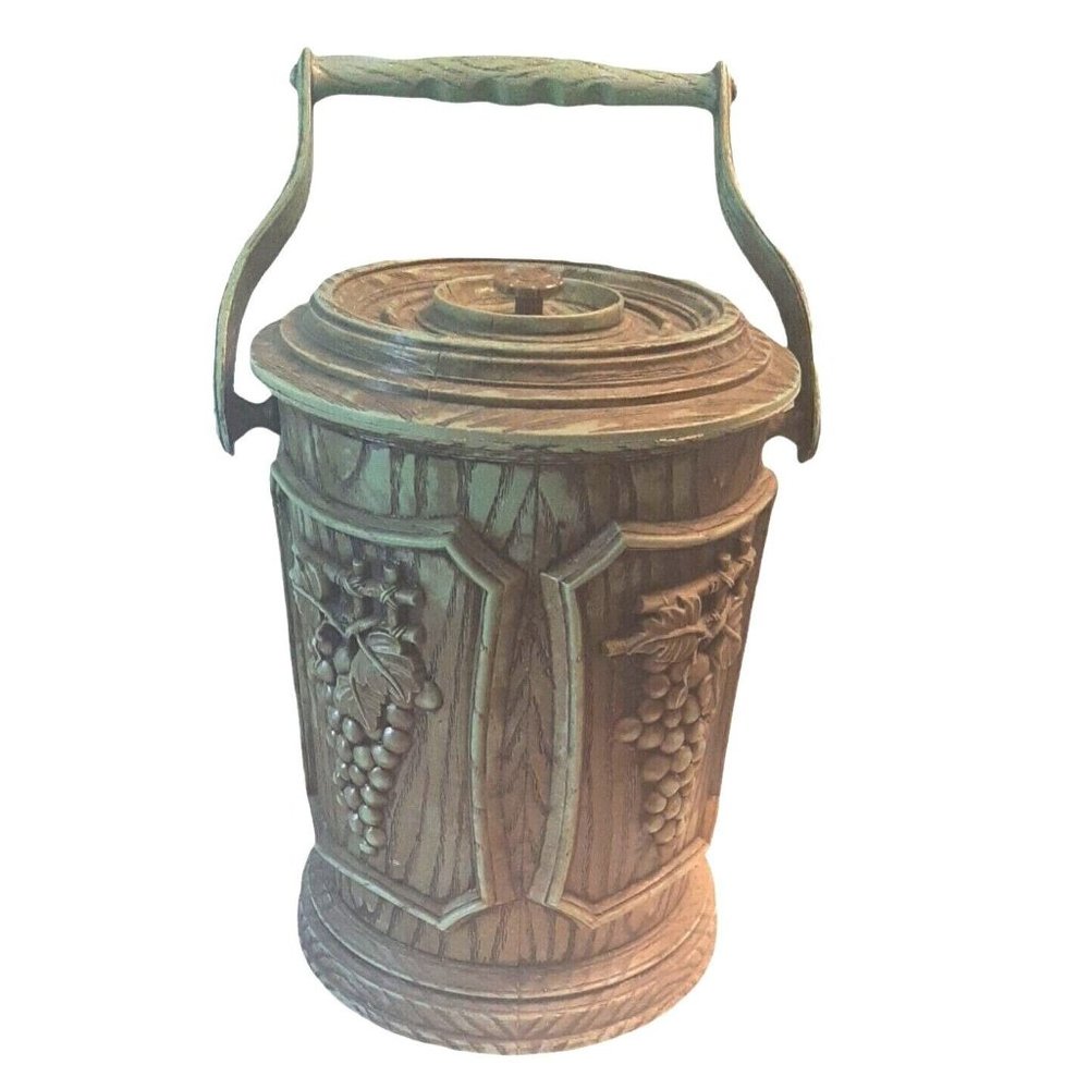Vintage Ice Bucket Grapes Faux Wood Grain Green with Handle Molded Plastic
